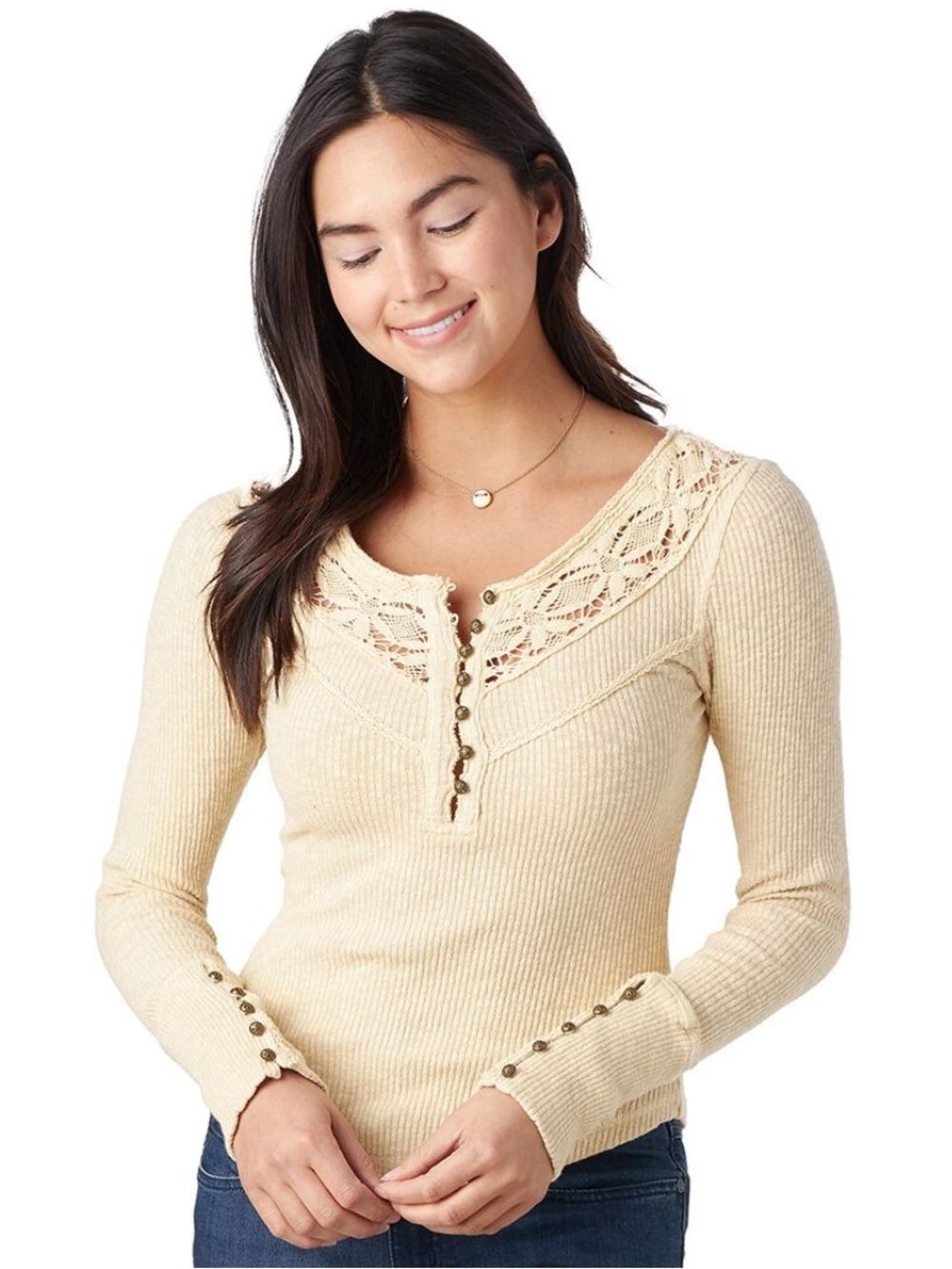 free people M Come On Over Ribbed Knit Lace Buttoned Long Sleeves Thermal Top